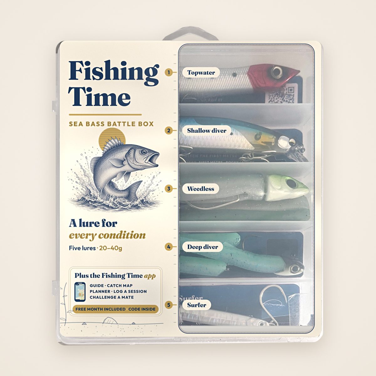 Fishing Time Sea Bass Battle Box – front with five lures